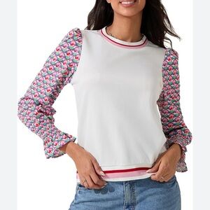 FATE Anthropologie Crew Neck White Sweater with Silky Patterned Sleeves Sz M